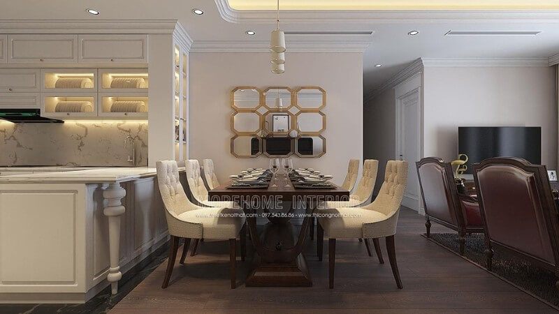 . Gương ghép ô làm nổi bật không gian phòng ăn tân cổ điển với sự trang trí và phong thủy đặc biệt.