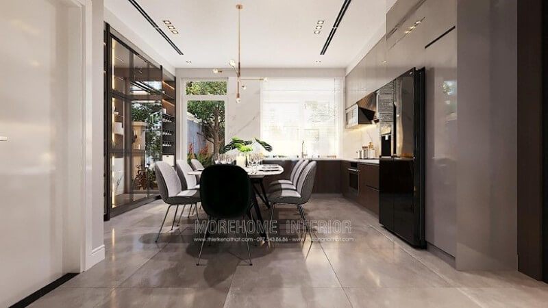 Mẫu thiết kế nội thất cho phòng ăn được kết nối với phòng bếp với sự đẹp mắt.